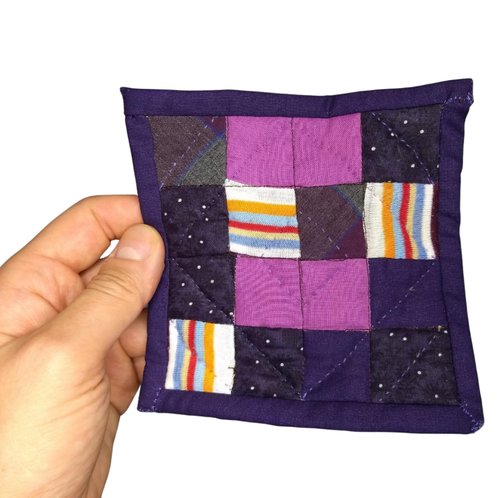 Mini memory quilt coaster from old clothes tutorial